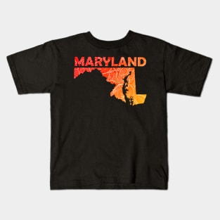 Colorful mandala art map of Maryland with text in red and orange Kids T-Shirt